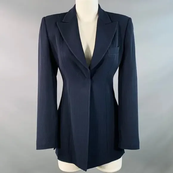 EMPORIO ARMANI Size 4 Navy Wool Blend Stripe Single Button Jacket Blazer - Picture 1 of 8